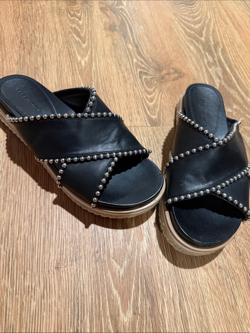 Zara Black Leather Stud-Trim Crossover Platform Sandals